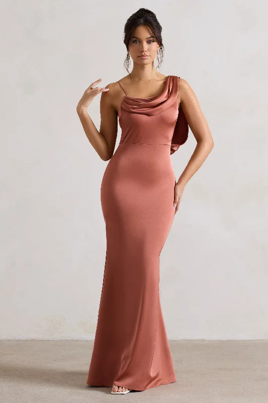 Essentials On Sale Wistful | Rust Satin Asymmetric Cowl-Neck Maxi Dress Refined Simplicity