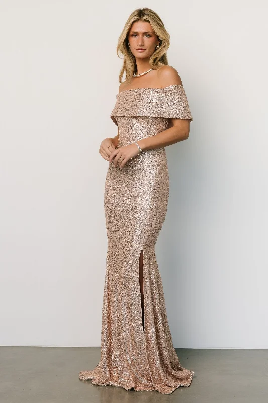 Summer Fashion Yvonne Off Shoulder Sequin Gown | Champagne Luxe Layering