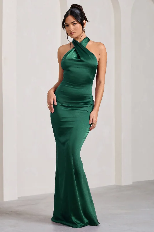 Affordable Luxury Fashion Unstoppable | Bottle Green Satin Cross Over Halterneck Maxi Dress Graceful Drape