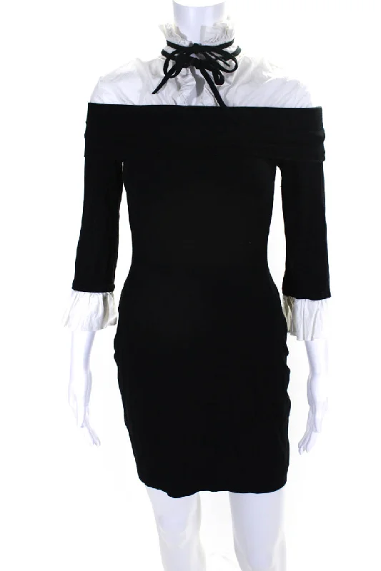 Affordable Luxury Fashion Rochas Womens Long Sleeve Layered Ruffle Trim High Neck Shift Dress Black Effortless Comfort