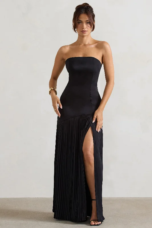 Sophisticated Fashion Confidence | Black Satin Bandeau Pleated Split Maxi Dress Mid - Week Surprise