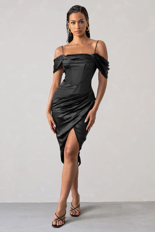 Vintage Style Deals Deserving | Black Satin Bardot Sleeve Corset Wrap Midi Dress Subtle Sophistication