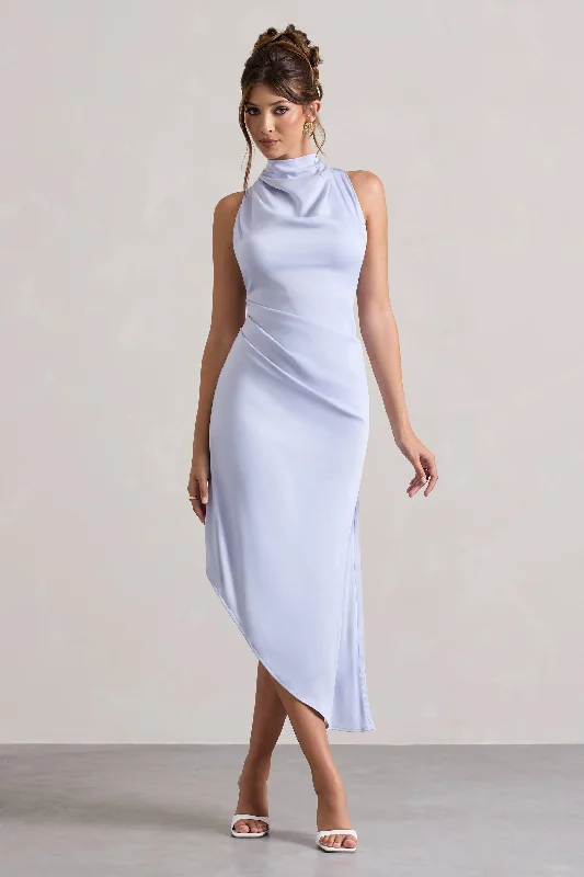 Chic And Trendy Sophina | Sky Blue Satin Cowl-Neck Asymmetric Midi Dress Huge Savings on Parisian Styles