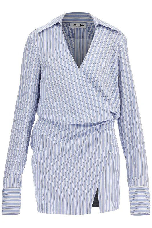 Feminine Luxe Style Sale The Attico Women's Mini Striped Dress With V-Neck*** Long Sleeves***  And blue Cotton*** Tied Waist Winter Warm - Up Sale