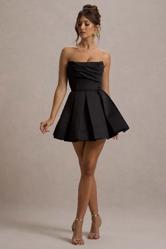 Budget-Friendly Fashion Saira | Black Satin Strapless Skater Mini Dress Feminine Soft - Hued Look