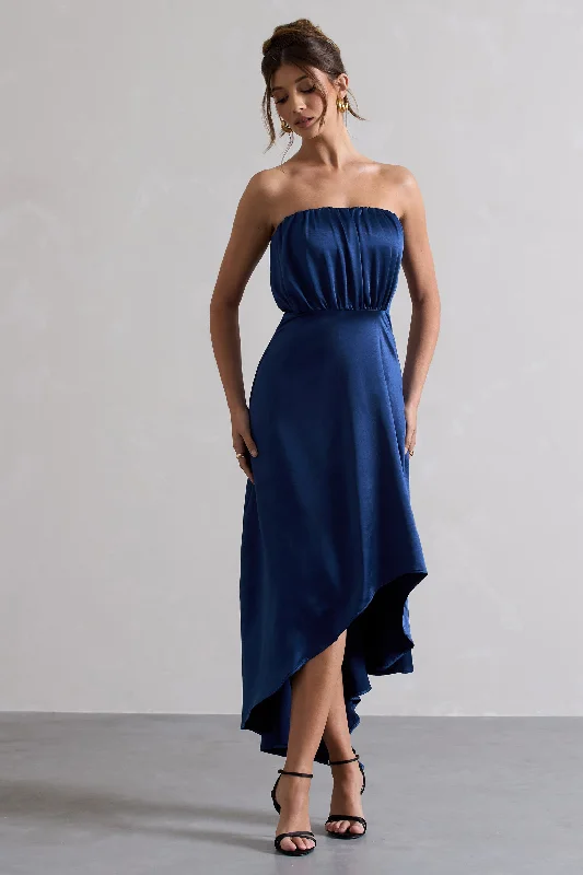 High-End Style Discounts Willa | Navy Satin Bandeau Maxi Dress With Asymmetric Hem Casual Weekend Relaxed Style