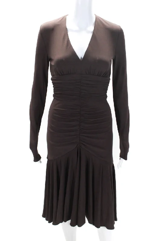 Sophisticated Style Offers Michael Kors Collection Womens Back Zip Long Sleeve Ruched Dress Brown Modern Romance