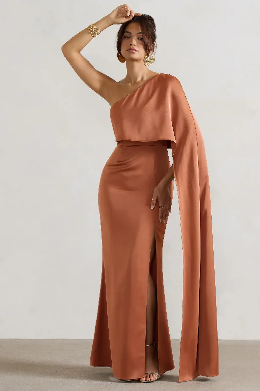 Elegant Fashion Offers Amora | Rust Satin Asymmetric Cape-Sleeve Split Maxi Dress Lighten Up with Nordic Styles