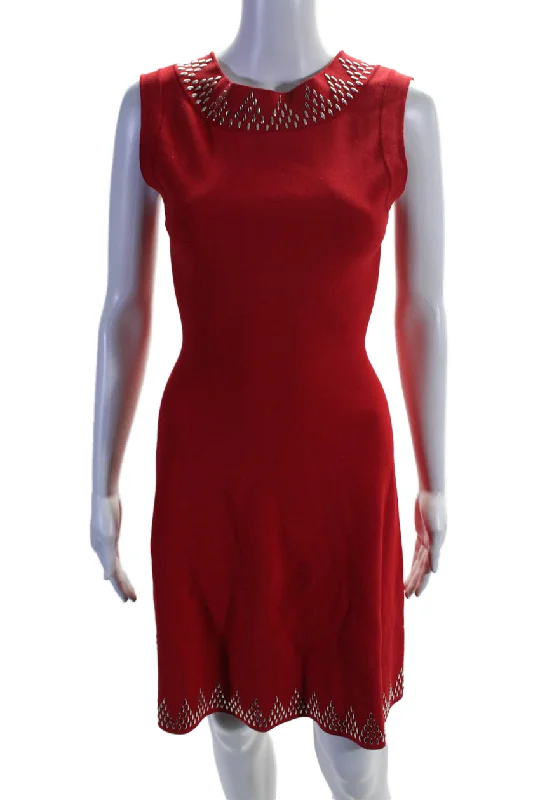 Laid-Back Fashion Offers Alaia Womens Studded Sleeveless A Line Knee Length Dress Red Silver Playful Elegance