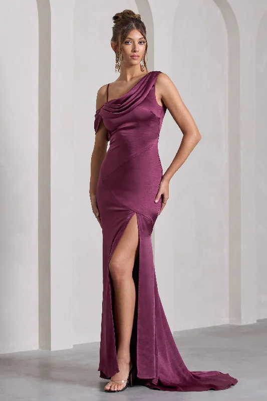 Gift Ideas Jayne | Plum Satin Asymmetric Draped Split Maxi Dress Chic Urban Fashion Look