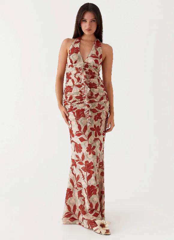 Find Your Unique Flair Ardenia Halter Maxi Dress - Red Green Floral Huge Savings on Parisian Styles