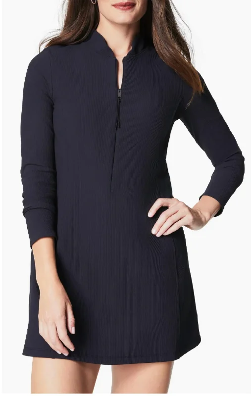 Spring Fashion Rib Half Zip Long Sleeve Dress In Black Holiday Sale