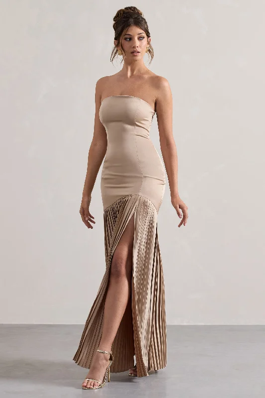 Fashion Essentials Confidence | Champagne Satin Bandeau Pleated Split Maxi Dress End - of - Month Blowout