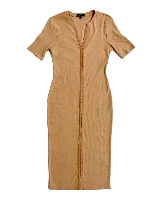 New In This Season Bodycon Ribbed Short Sleeve Midi Dress In Tan Rustic Countryside Charm Look