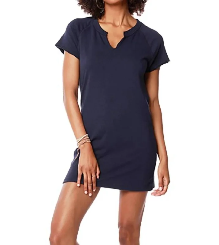 Vintage-Inspired Style Offers Split Neck Raglan Tee Shirt Dress in Dark Navy Chic Urban Fashion Look