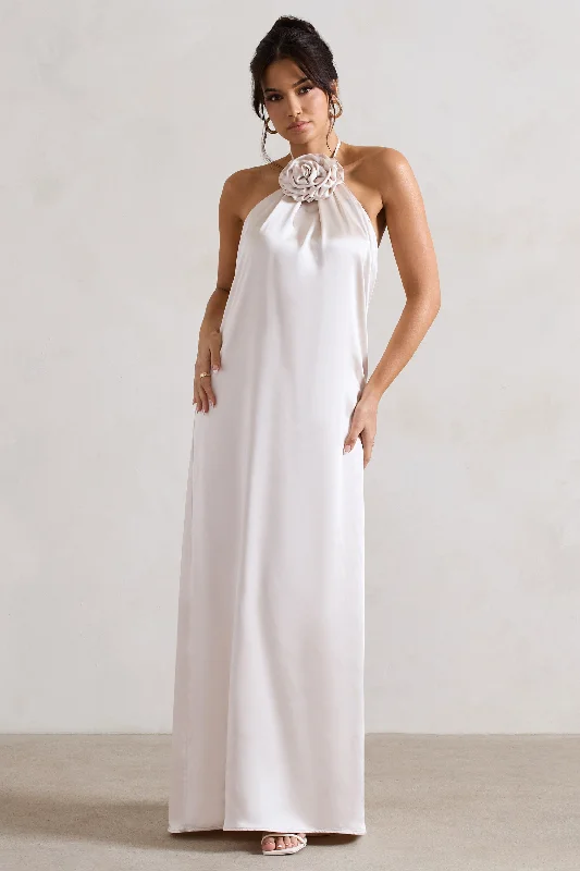 Limited Time Offers Everleigh | Cream Satin Relaxed Fit Maxi Column Dress With Corsage Anniversary Sale