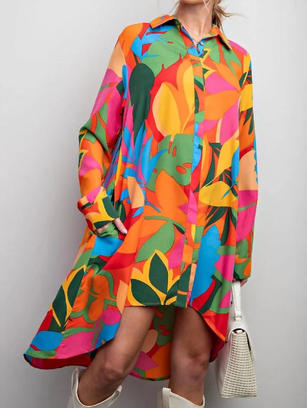 Timeless Elegance Redefined Print Shirt Dress In Orange Green Disco - Inspired Retro Dance Look