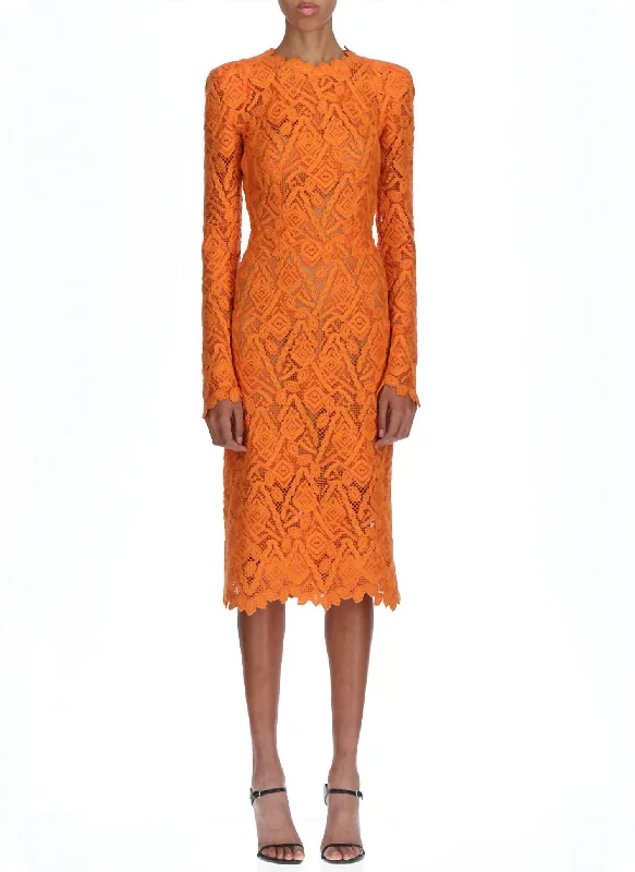 End-Of-Season Clearance Lace Long Sleeve Dress In Orange Classic Timeless Elegant Style