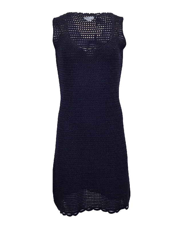 Cozy Comfort Style Sale Prada Sleeveless Crochet Dress in Navy Blue Cotton Wool Chic Urban Fashion Look