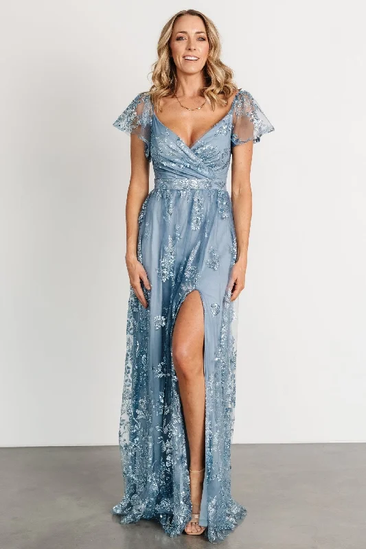 Seasonal Fashion Corinne Shimmer Maxi Gown | Slate Blue Anniversary Sale