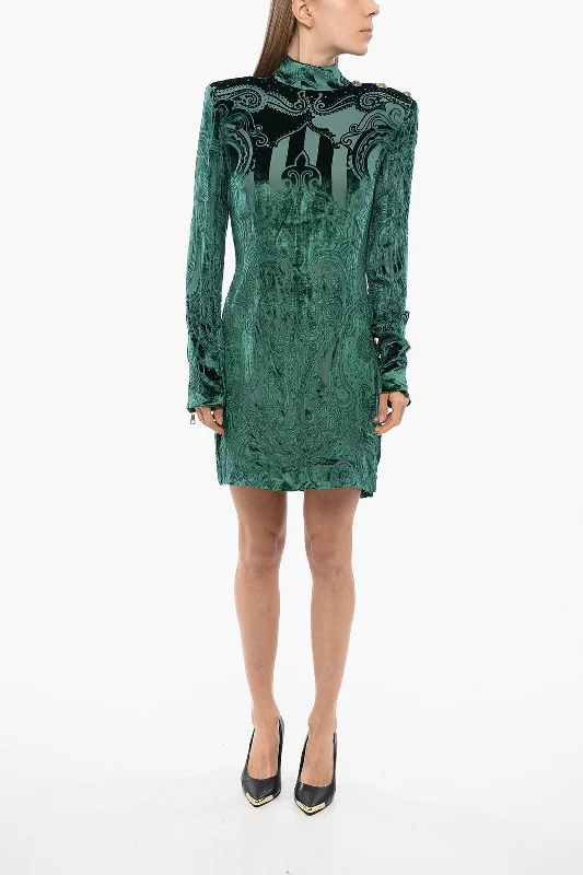 Discover Promotions Balmain Long Sleeved Devore-Velvet Dress Feminine Elegance