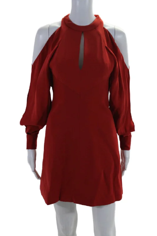 Unleash Your Trendy Side J. Mendel  Womens Silk Cold Shoulder Long Sleeves A Line Dress Red Bold Patterns