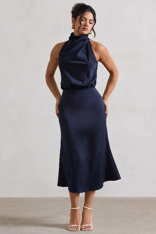 Fashion Sale Geena | Navy Satin Twisted High-Neck Midi Dress Graceful Movement