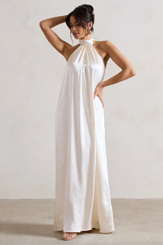 Chic & Cozy Collection Gloriana | Cream Satin High-Neck Maxi Dress Effortless Comfort