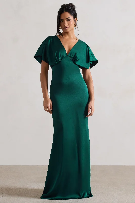 Quick Grab Deals Marisa | Dark Green Satin V-Neck Flutter-Sleeve Maxi Dress Mother's Day Special