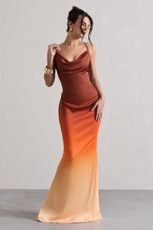 End-Of-Season Clearance Fiji | Orange Ombre Satin Cowl-Neck Strappy Maxi Dress Chic Allure