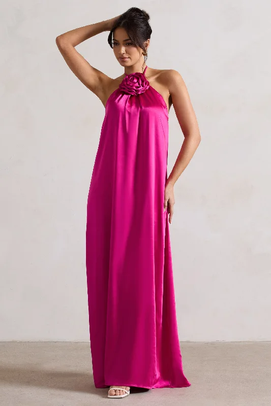 Budget Saver Everleigh | Dark Pink Satin Relaxed Fit Maxi Column Dress With Corsage Winter Warm - Up Sale