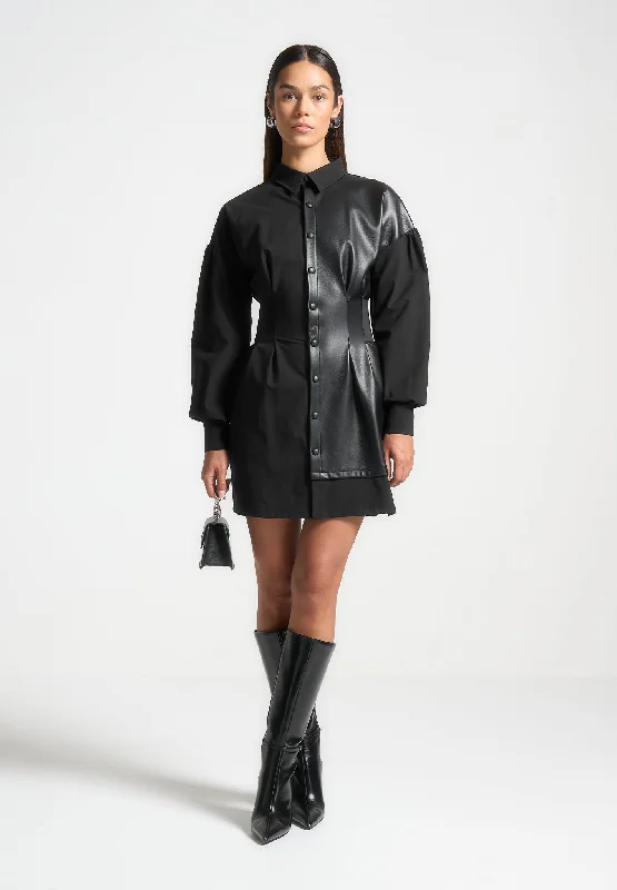 Top Deals Half Leather Shirt Dress - Black Grab Romantic Date - Night Styles Now