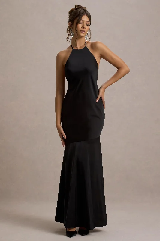 Classic Elegance Sales Frida | Black Satin Halter-Neck Backless Maxi Dress Casual Elegance