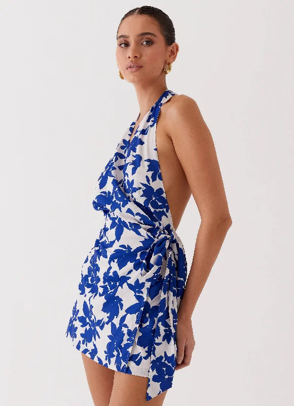 Limited Stock Street Blues Wrap Mini Dress - Blue Floral Flash Sale