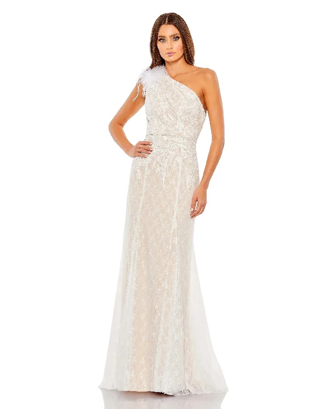 Romantic Chic Deals Lace Embellished Feathered One Shoulder Gown Celebrate with Big Savings