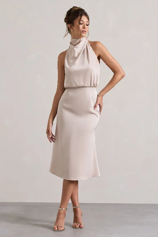 Limited Time Deal Geena | Champagne Satin Twisted High-Neck Midi Dress Dreamy Draping