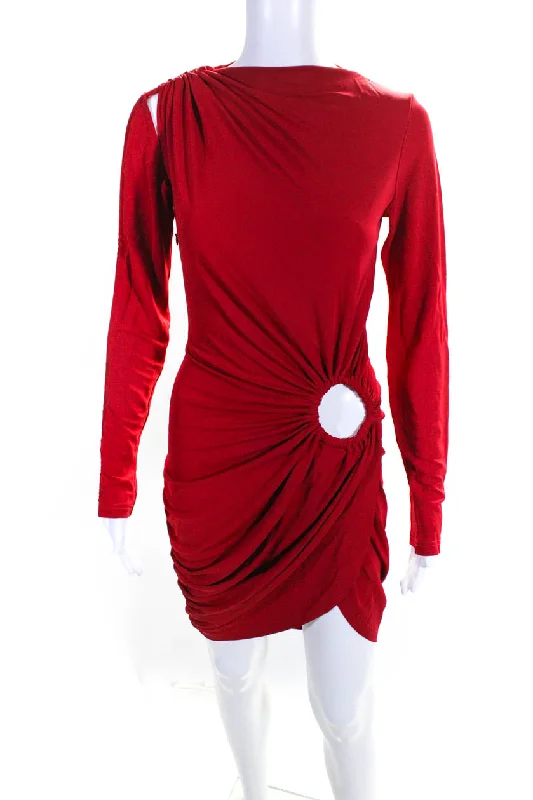 Vintage Style Deals Monse Womens Long Sleeve Keyhole Detail Draped Dress - Ruby Feminine Elegance