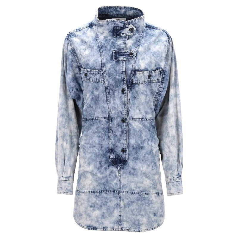 Weekend Exclusive Isabel Marant Étoile Inaroa Acid Washed Mini Long Sleeve Dress in Light Blue Cotton Romantic Date - Night Ensemble