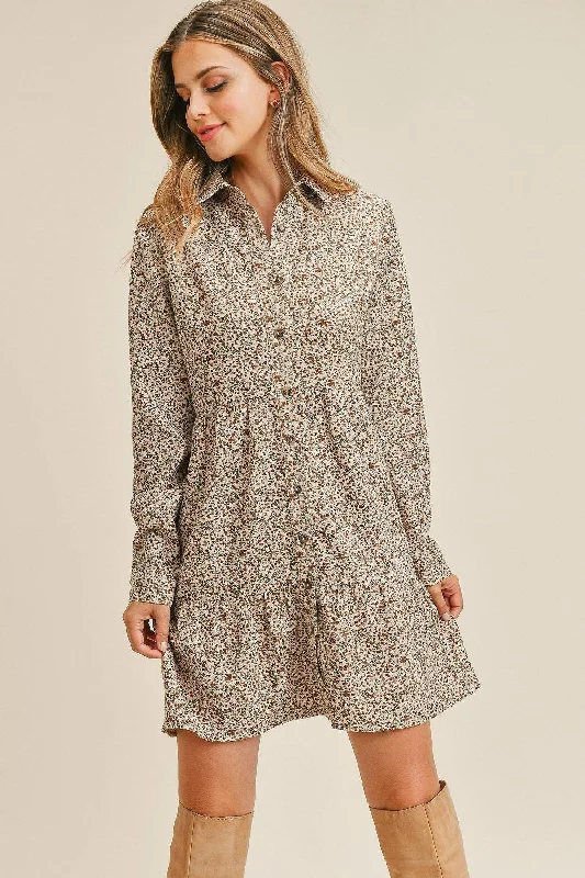 End Of Season Sale Corduroy Printed Button Down Front Collar Long Sleeve Dress Disco - Inspired Retro Dance Look