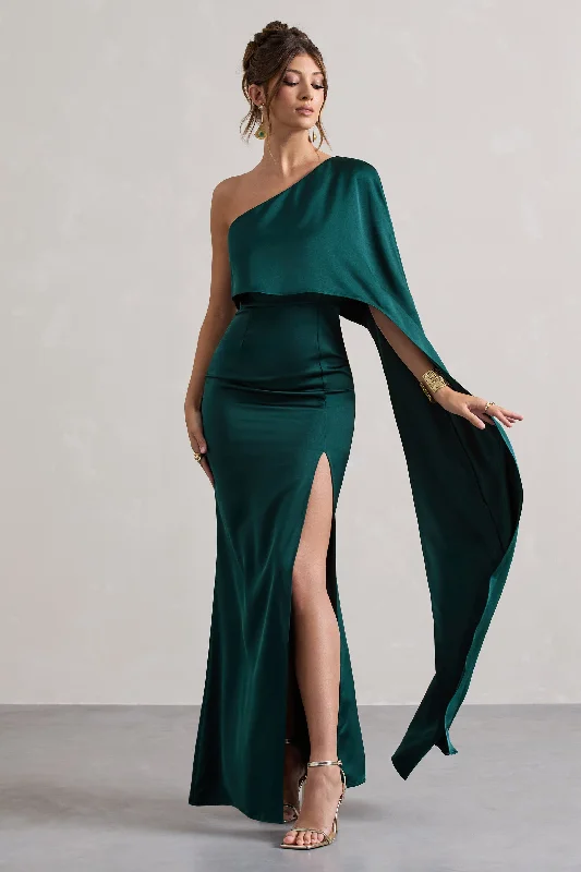 Trendy Looks On Sale Amora | Bottle Green Satin Asymmetric Cape-Sleeve Split Maxi Dress Summer Splash Sale