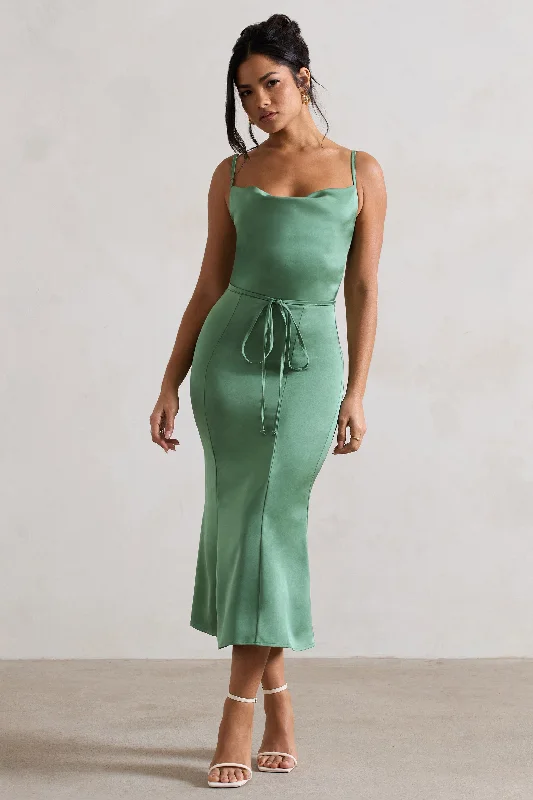 Elevated Casual Discounts Just A Moment | Soft Green Satin Cowl-Neck Midi Dress With Tie Waist Romantic Date - Night Ensemble