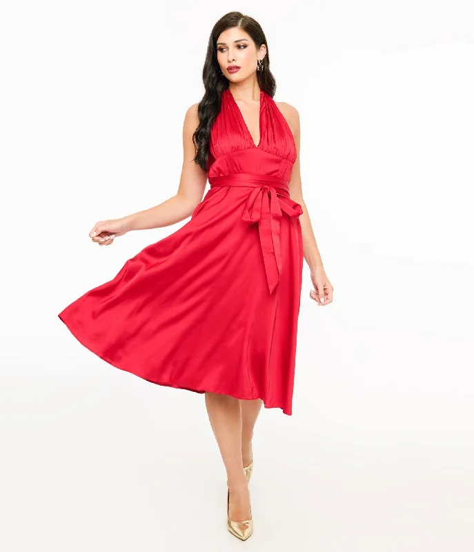 Latest Fashion Unique Vintage Red Satin Halter Swing Dress Save on Classic Elegant Styles