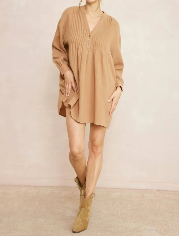 Trendy Styles Solid Textured Long Sleeve Dress In Camel Limited - Stock