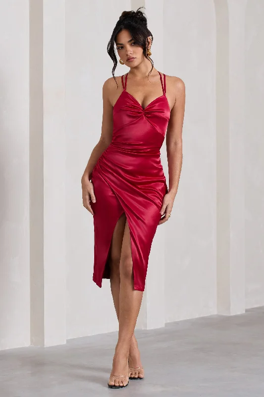 Casual Fashion Penelope | Red Satin Twist Front Strappy Midi Dress Mother's Day Special