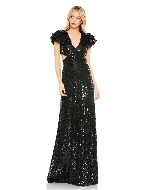 The Good Stuff Sequined Ruffled Cut Out Lace Up Gown Everyday Glamour