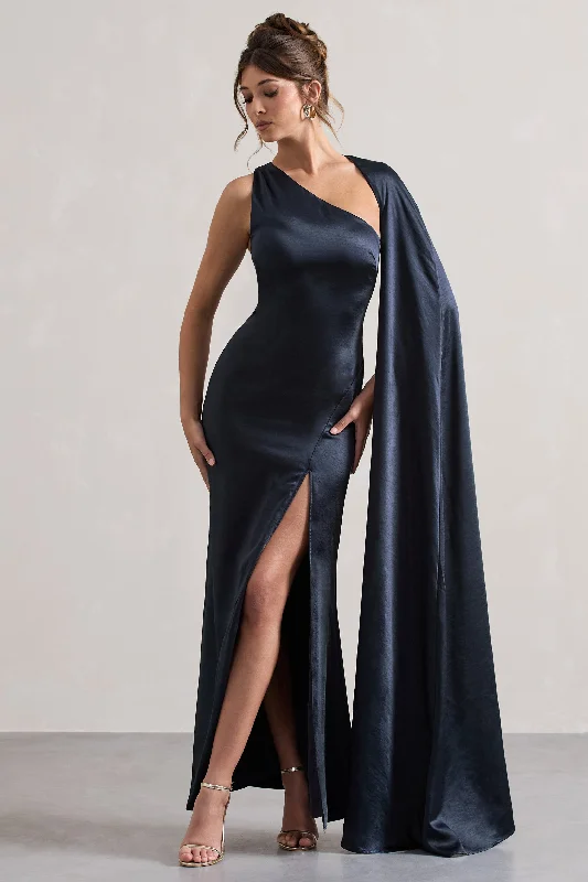 Shop Sale Items Gala | Navy Satin One-Shoulder Cape Sleeve Split Maxi Dress Urban Sophistication