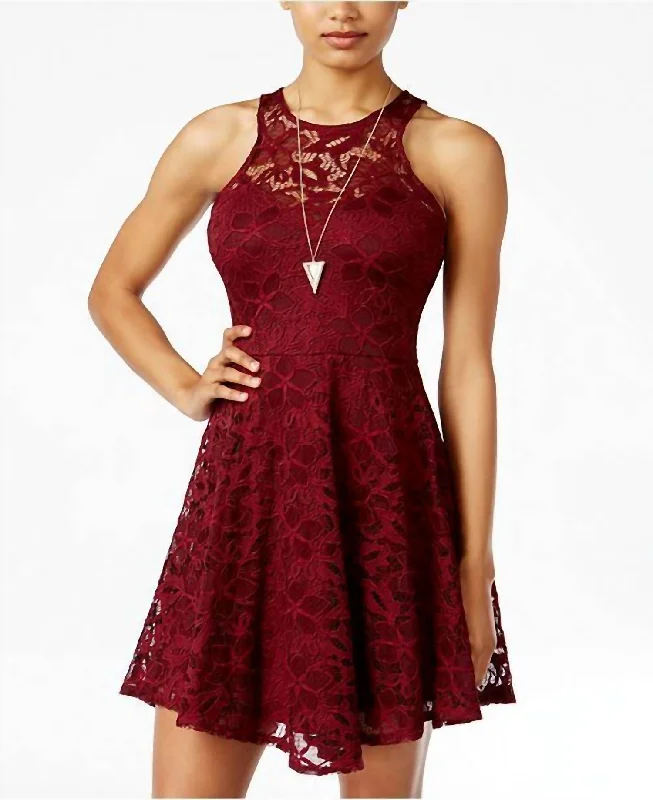 Playful Fashion Offers Lace Fit Flare Juniors Sleeveless Skater Dress In Red Feminine Grace