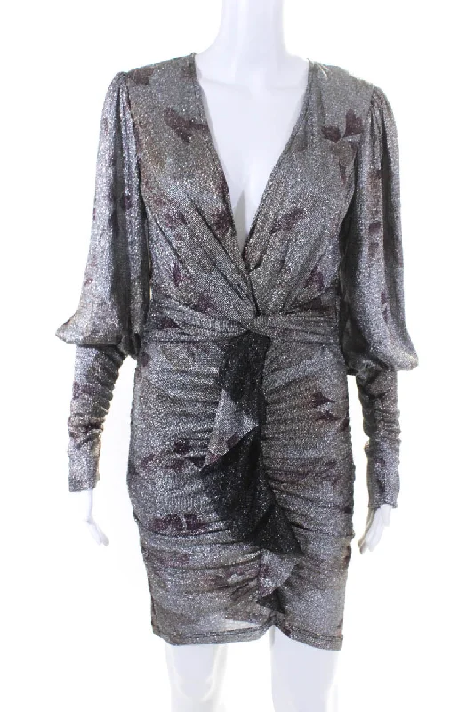 Classic Elegance Sales Ba&Sh Womens Metallic Ruffled Long Sleeve Ruched Side Zipped Dress Silver Romantic Detailing