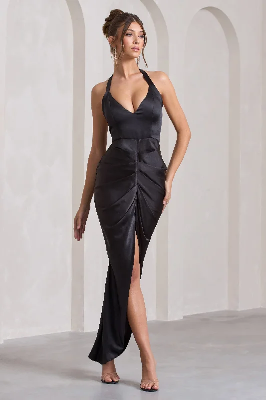 Athleisure Style Sale Rebecca | Black Satin Plunge Halter-Neck Open-Back Split Maxi Dress Fashion-Forward Style