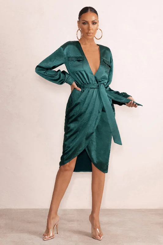 Boutique Styles True Romance | Bottle Green Satin Plunge Neck Midi Dress With Belt Detail Anniversary Sale